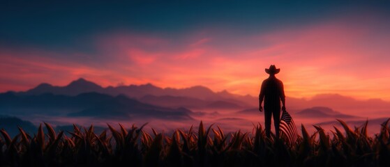 Obraz premium Silhouette figure at sunrise over misty mountains