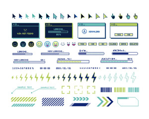 スタイリッシュでかっこいいインターネット装飾イラストセット　マウスカーソル　ウィンドウ　プログレスバー　ピクセル