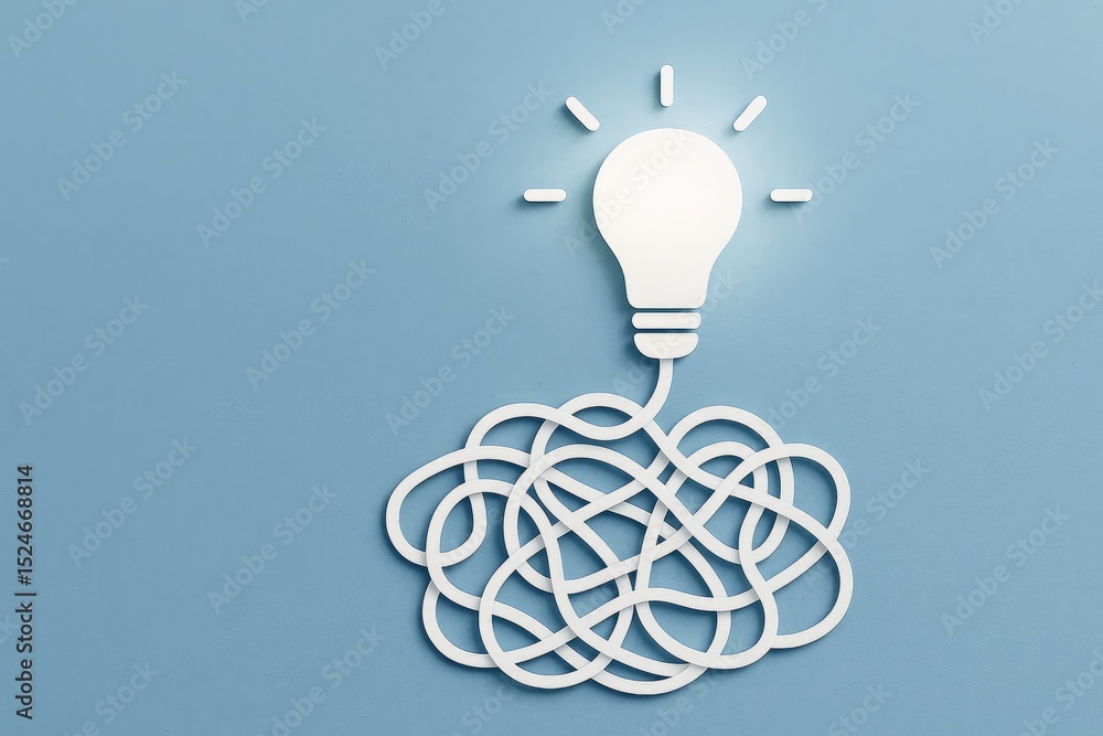 Poster bright idea emerging from tangled mess problem solving concept