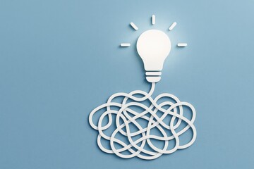 Bright idea emerging from tangled mess problem solving concept