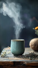 Steaming cup of tea on wooden table.