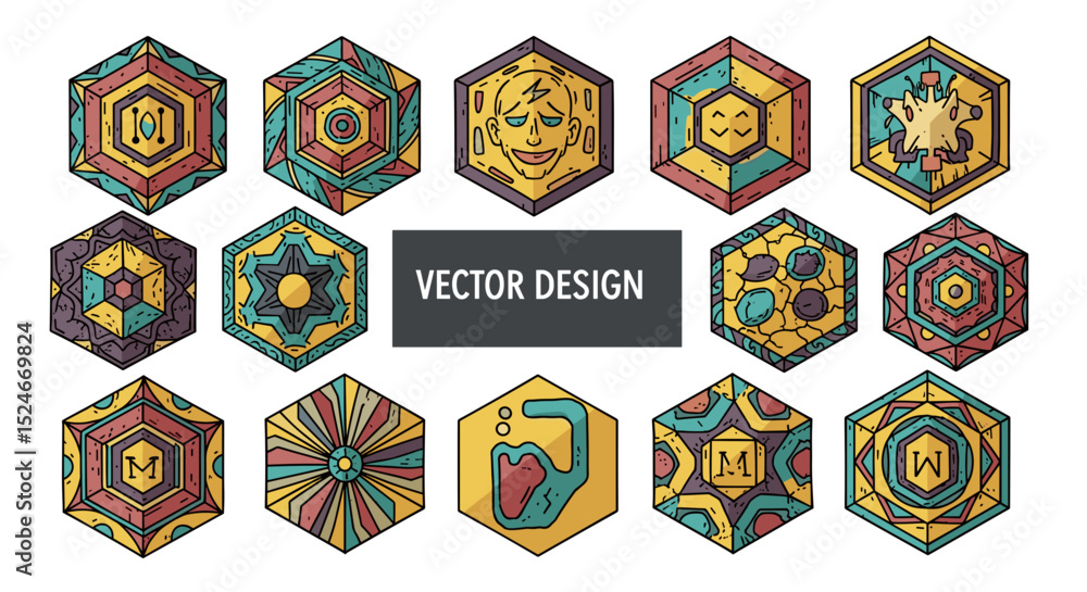 Poster collection of fifteen uniquely designed hexagonal amulets with various patterns and artistic element