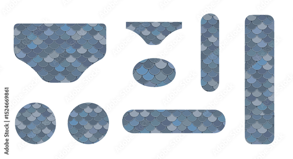 Poster collection of various shapes and sizes covered in a pattern of overlapping blue gray scales design