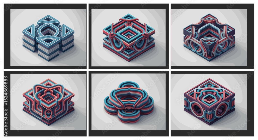 Poster a collection of six images displaying layered geometric shapes in varying designs and color schemes 