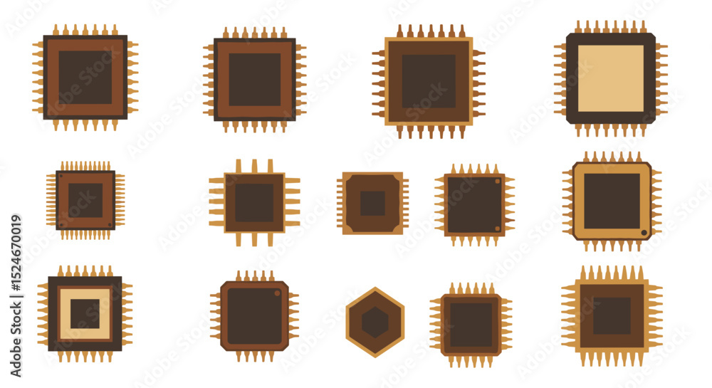 Poster illustration of various integrated circuit chips with pins on a white background layout design vecto