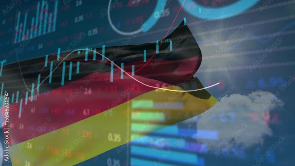 Poster on data lines scrolling german flag fading and swaying as bars rising lines crossing showing trends