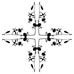 Geometrical square cross shape floral design with blooming branches of martagon lily or or Turk's cap lily. Lilium martagon. Black silhouette on white background.