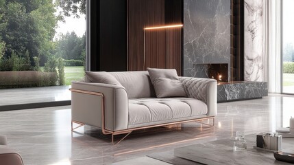 Fototapeta premium Elegant home interior with rose gold chair frame and soft pastel velvet upholstery