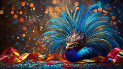 Fototapeta premium Festive dance feathered crown surrounded by colorful ribbons