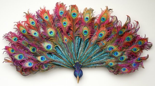 Multicolored festival headdress with fan-shaped peacock feathers