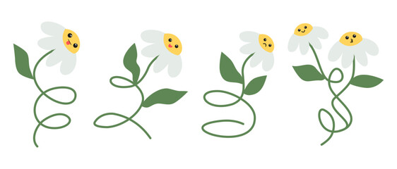 70's vintage groovy flowers collection of daisy flower, cartoon character illustration with cute face emotion set in retno 60s and 70s hippie style.