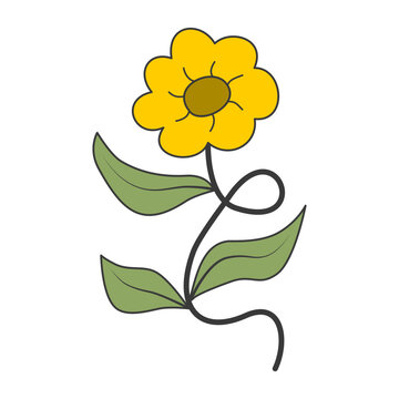 cute groovy flower of sunflower vector illustration with green leaves, hand drawn in retno style perfect for sticker.