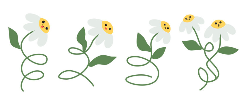 70's vintage groovy flowers collection of daisy flower, cartoon character illustration with cute face emotion set in retno 60s and 70s hippie style.