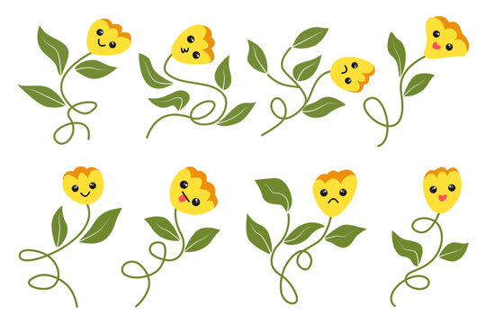 Playful vintage groovy flowers collection with green leaves and wavy stem, cartoon character illustration with different emoticon face expression.