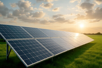 Solar panels energy green field sunset clean power