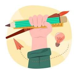 Human Hand Holding Pencil, Ruler and Brush for Art and Creativity Education Concept Illustration Clip Art