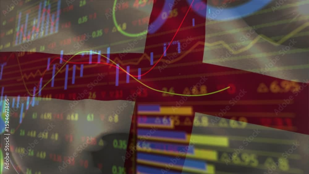 Poster starting closeup waving england flag overlaying financial charts and data labels visualizing data