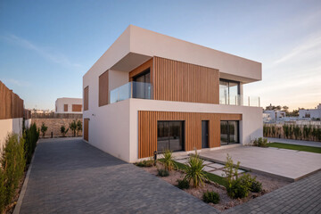 Modern Contemporary House with Geometric White Concrete and Wood Facade, Black-Framed Glass Windows, Cantilevered Second Floor, and Minimalist Garden at Sunset in an Upscale Residential Neighborhood