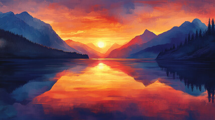 Tranquil Sunset Over a Mountain Lake