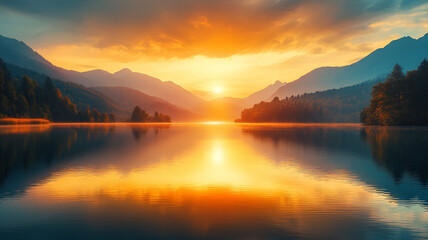 Fototapeta premium Tranquil Sunset Over a Mountain Lake