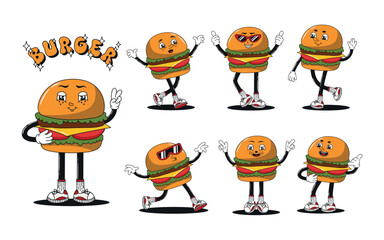 Retro cartoon burger character set, different poses and angles. Groovy funky fast food mascot with happy smiling face collection. 60s, 70s, 80s hippie psychedelic vector illustrations.
