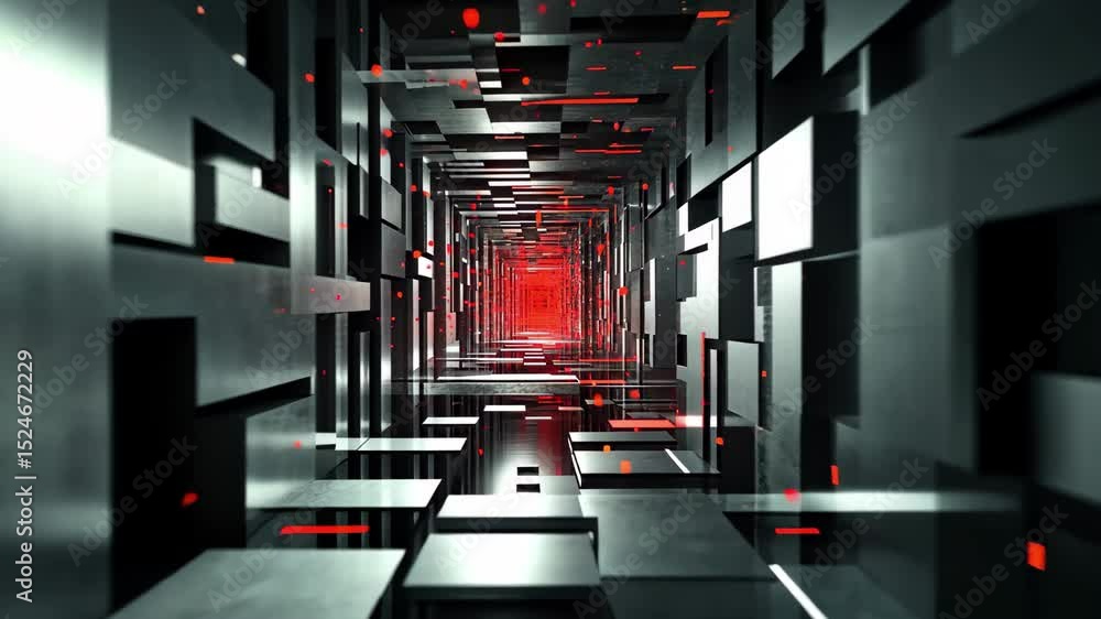 Poster exploring a dark sci fi tunnel with floating blocks and red accents in a futuristic setting, floatin