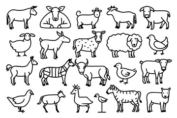 Farm animals illustration featuring pork hen cow sheep goat and goose isolated on transparent background