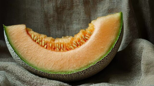 Fresh cantaloupe wedge on textured cloth showcases juicy fruit and natural colors, Fresh cantaloupe with sliced wedge on textured cloth