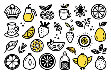 Hand drawn lemon fruit doodle sketch collection isolated on transparent background