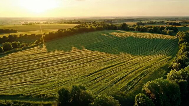 Majestic aerial view of sunlit Polish fields showcasing natural beauty and rural landscapes, 4k AERIAL: Flight over beautiful polish fields in sunset light , 30fps