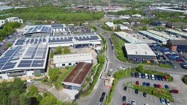 High Angle Footage of Downtown District of Rotherham, South Yorkshire, England United Kingdom. Aerial Footage Was Captured with Drone Camera on April 30th, 2024