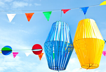 Hanging mobile with blue sky background 