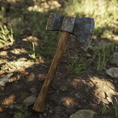 A close-up of a lumberjack axe with a wooden handle, placed in a forest clearing -