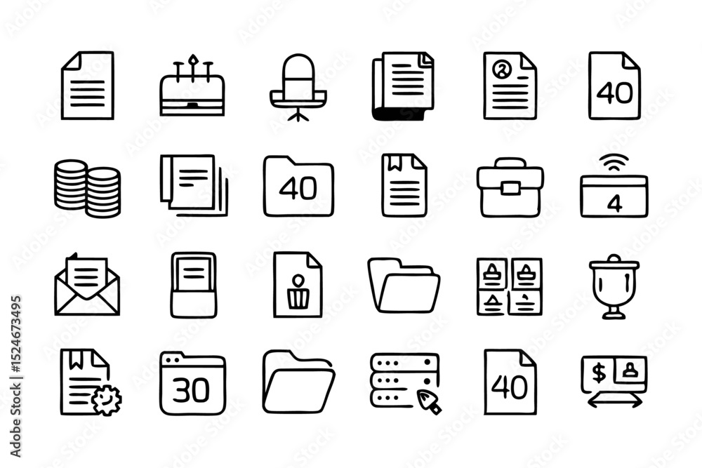 Poster collection of line icons depicting archive document folder and file concepts isolated on transparent