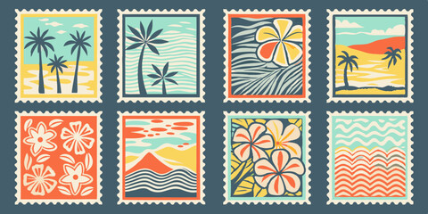 Collection of Eight Stylized Tropical Stamps Featuring Palm Trees Flowers Beaches and Mountain Landscapes in a Retro Colorful and Graphic Design set
