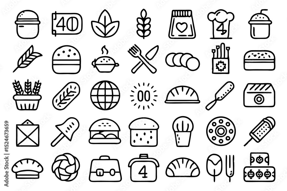 Poster collection of line icons depicting bakery items such as bread baguettes and wheat stalks isolated on