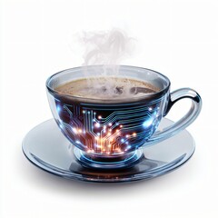 Futuristic glass coffee cup with steaming coffee and glowing cybernetic circuit board designs.