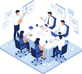 A vector icon set illustrates business people working together with technology for team communication and network connection