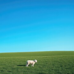 Fototapeta premium A cute lamb grazing peacefully in a lush green meadow under a clear blue sky --