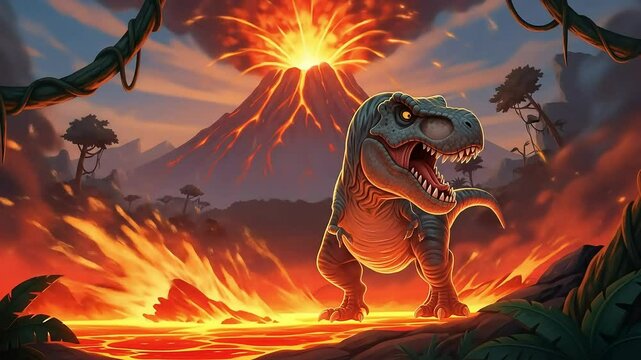 angry t-rex roar dinosaur cartoon in the volcano background