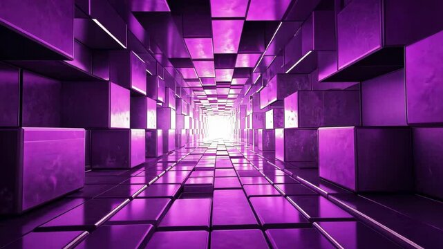 Exploring a glowing purple tunnel with smooth blocks leading to a bright light, 3d tunnel glowing purple smooth blocks seamless