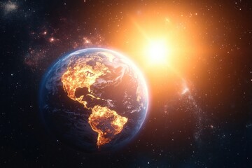 Obraz premium Glowing Earth with illuminated continents facing a bright sun in space surrounded by stars and galaxies, conveying energy and cosmic connection