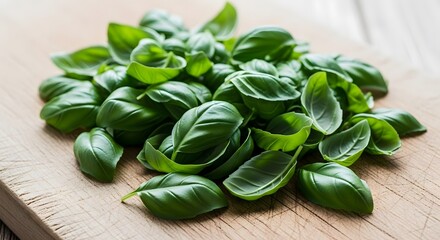 A close up of fresh basil leaves piled on a wooden cutting board in soft natural light
