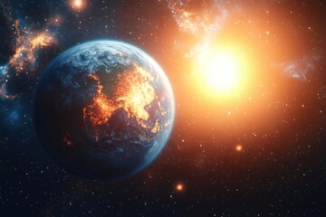 Obraz premium Earth glowing with illuminated continents surrounded by stars and cosmic clouds near a bright radiant sun in outer space