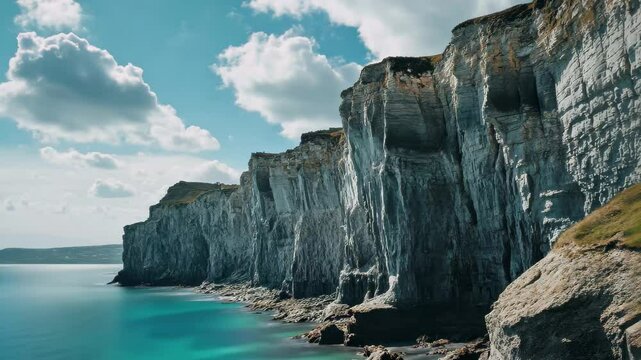 Coastal cliffs prone to erosion with waves gently lapping at their base under a bright sky, coastal cliffs prone to erosion, Seamless ing video background