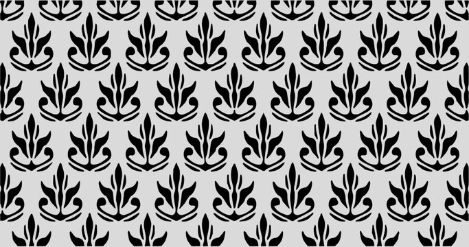 Minimal black and white floral vector with clean, upright leaf motifs in a repeated seamless arrangement.
