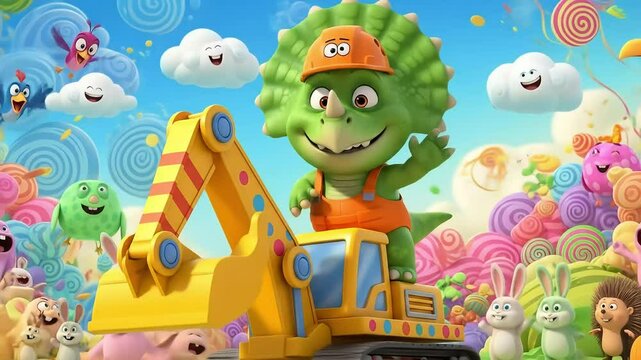 A cartoon vector illustration of a funny baby triceratops working happily with the construction
