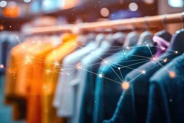 Blurred view of colorful clothes hanging on a rack with a digitally superimposed network of glowing connecting points representing technology and connectivity