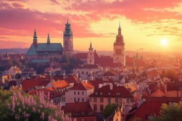 Historic cityscape with numerous red-roofed buildings, prominent old towers and churches under a vibrant orange sunset sky with pink clouds, evoking a serene evening atmosphere