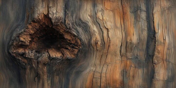 close-up of a weathered tree bark with deep cracks and dark hollow showing natural textures and earthy tones of brown and gray